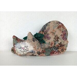 Vintage Plush Tapestry Cat Anthropomorphic Smiling Cat Whiskers Ribbon Plush